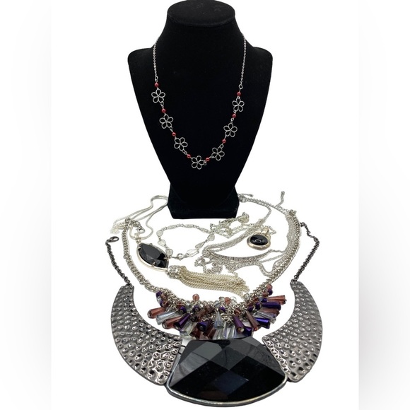 Necklace Bundle of Six Silver Tone Black + Bracelet - Picture 11 of 12